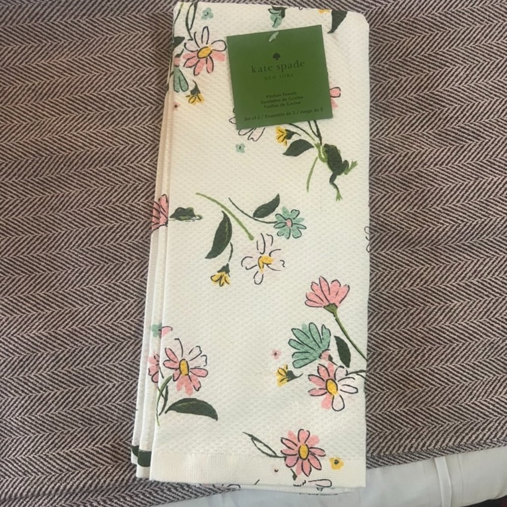 kate spade spring floral pink blue white kitchen towel set of 2 nwt